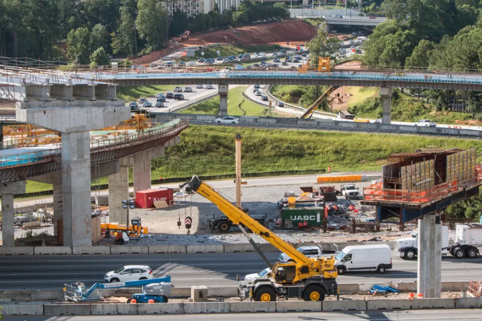 Wide shot of bridge overpasses under construction at the intersection of GA 400 and I-285 on July 22, 2019 in Atlanta, GA.